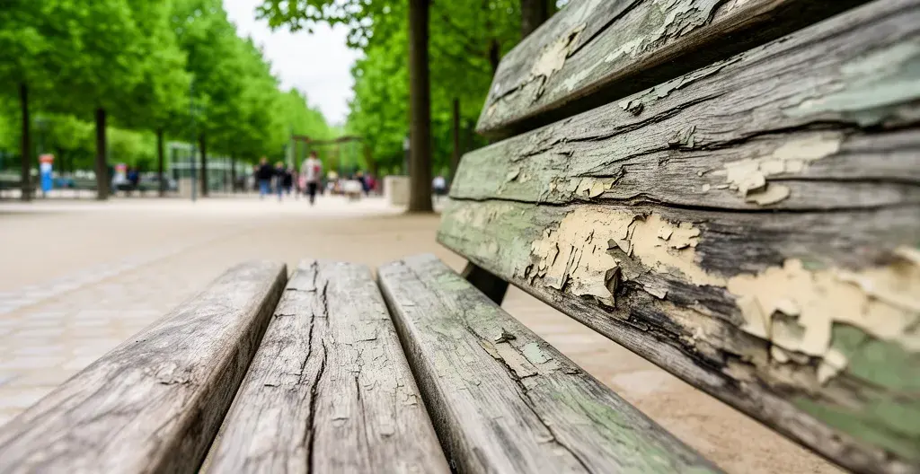 Banc public en bois montrant des signes de dégradation - peinture écaillée et bois abîmé