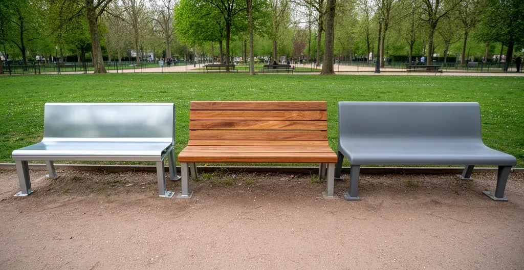 Trois bancs publics côte à côte montrant la variété des matériaux - acier, bois et plastique recyclé