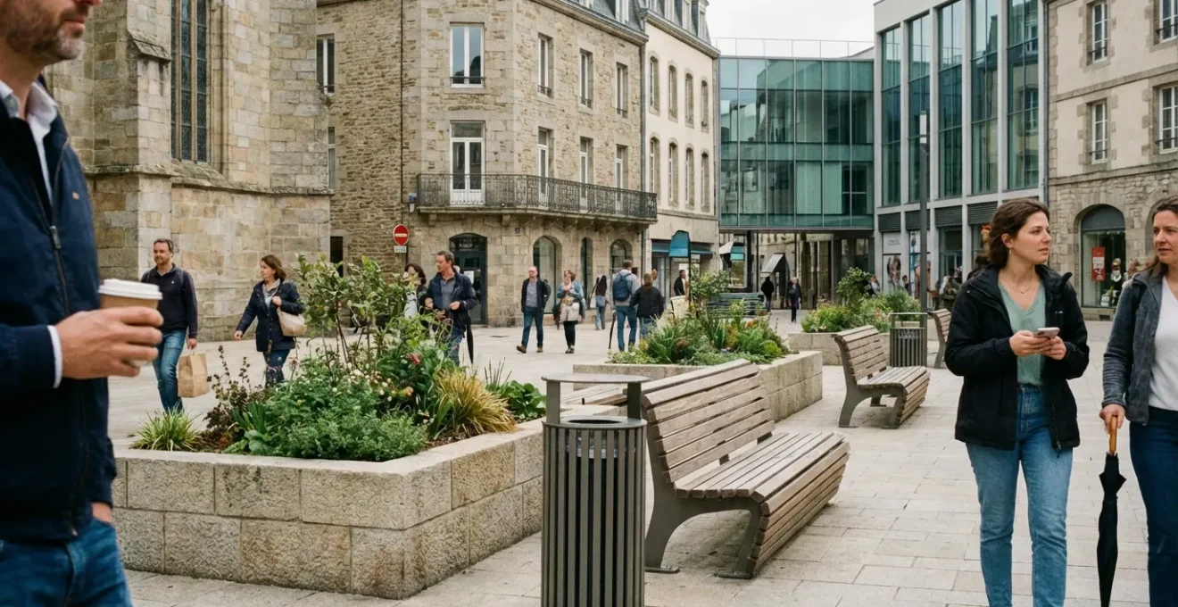 Place publique française avec mobilier urbain varié - bancs, corbeilles et jardinières