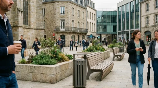 Place publique française avec mobilier urbain varié - bancs, corbeilles et jardinières
