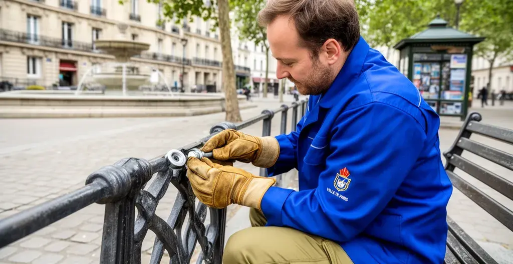 Technicien municipal en tenue de travail inspectant une structure métallique urbaine